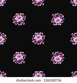 Chrysanthemum purple flower pattern. Seamless background. Elegant traditional decoration on black backdrop. Pastel colored hand drawn vector illustration.