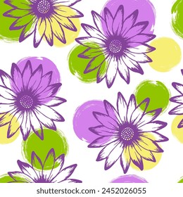 Chrysanthemum romantic summer repeat rapport. Camomile daisy blossom over circles background. Doodle garden flowerheads linen pattern. Elegant botanical background.