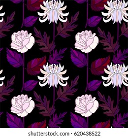 Chrysanthemum and rose flowers seamless pattern.