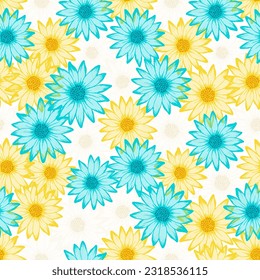 Chrysanthemum rustic summer repeat rapport. Osteospermum bloom with transparent petals. Doodle garden flowers vector wallpaper. Simple natural ornament.