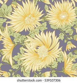 Chrysanthemum. Seamless pattern of yellow Japanese chrysanthemums. On a background with traditional Japanese pattern. Stock vector.