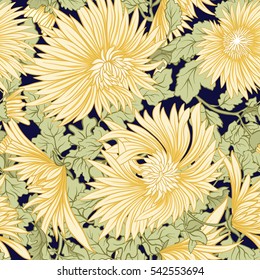 Chrysanthemum. Seamless pattern of yellow Japanese chrysanthemums. On a black background. Stock vector.