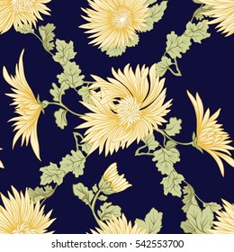 Chrysanthemum. Seamless pattern of yellow Japanese chrysanthemums. On a black background. Stock vector.