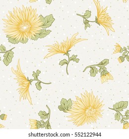 Chrysanthemum. Seamless pattern of yellow Japanese chrysanthemums. On a background with polka dot. Stock vector.