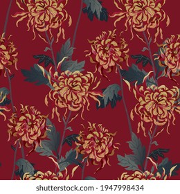 Chrysanthemum seamless vector pattern. Golden red flowers and green leaves on dark red background. Design for fabric, wallpaper, wrapping paper, scrapbook paper, invitation card.