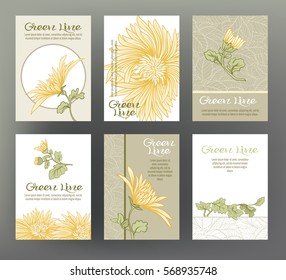 Chrysanthemum. Set of six cards with traditional Japanese flowers. For the eco-label design, green product line of herbal ingredients. Stock line vector illustration.
