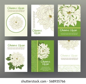 Chrysanthemum. Set of six cards with traditional Japanese flowers. For the eco-label design, green product line of herbal ingredients. Stock line vector illustration.
