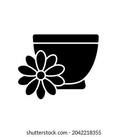 Chrysanthemum tea black glyph icon. Double ninth festival. Flower-based infusion drink. Traditional medicine. Chrysanthemum appreciation. Silhouette symbol on white space. Vector isolated illustration