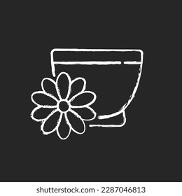 Chrysanthemum tea chalk white icon on black background. Double ninth festival. Flower-based infusion drink. Traditional medicine. Chrysanthemum appreciation. Isolated vector chalkboard illustration