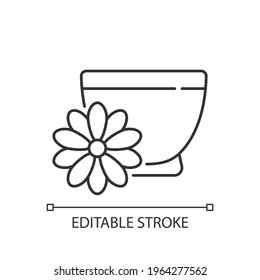 Chrysanthemum tea linear icon. Double ninth festival. Flower-based infusion. Traditional medicine. Thin line customizable illustration. Contour symbol. Vector isolated outline drawing. Editable stroke