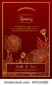 Chrysanthemum vintage card on red background.Chrysanthemum flower by hand drawing.Floral vintage highly detailed in line art style.
