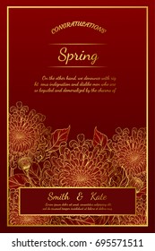 Chrysanthemum vintage card on red background.Chrysanthemum flower by hand drawing.Floral vintage highly detailed in line art style.