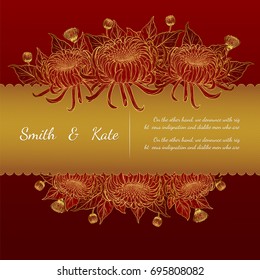 Chrysanthemum vintage card on red background.Chrysanthemum flower by hand drawing.Floral vintage highly detailed in line art style.