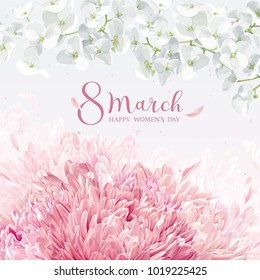 Chrysanthemums and Apple blossom for 8 March. Flower vector greeting card in watercolor style with lettering design