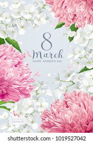 Chrysanthemums and Apple blossom for 8 March. Flower vector greeting card in watercolor style with lettering design