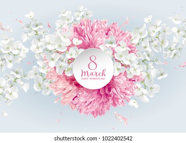 Chrysanthemums and Apple blossom for 8 March. Flower vector greeting card in watercolor style with lettering design