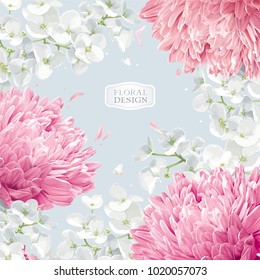 Chrysanthemums and Apple blossom. Flower vector background  in watercolor style for greeting card, wedding invitations, decoration, posters, banners, sales