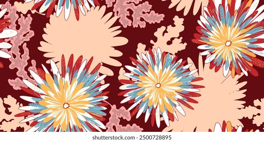 Chrysanthemums Asters Abstract fantasy flowers variegated ornament Asian motifs vector seamless overlapping pattern rapport