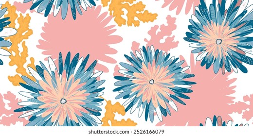 Chrysanthemums Asters Abstract fantasy flowers variegated ornament Asian motifs vector seamless overlapping pattern rapport