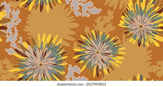 Chrysanthemums Asters Abstract fantasy flowers variegated ornament Asian motifs vector seamless overlapping pattern rapport