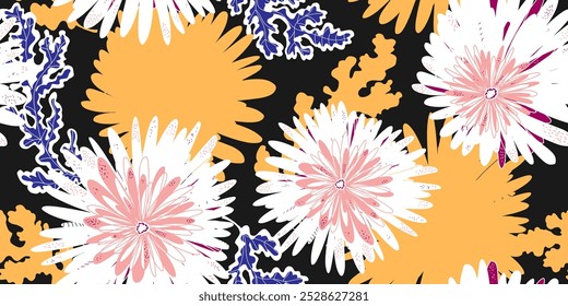 Chrysanthemums Asters Abstract fantasy flowers variegated ornament Asian motifs vector seamless overlapping pattern rapport