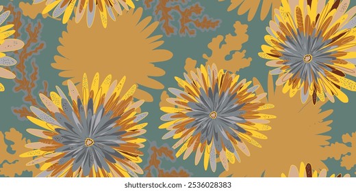 Chrysanthemums Asters Abstract fantasy flowers variegated ornament Asian motifs vector seamless overlapping pattern rapport