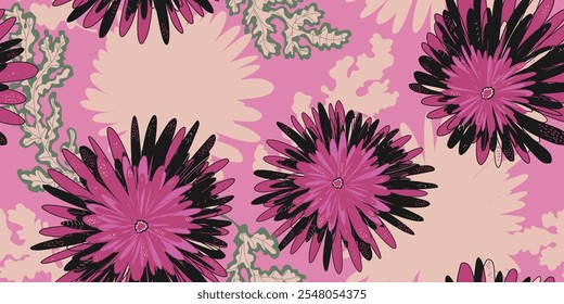 Crisantemos Asters Flores de fantasía Abstractas adorno abigarrado Motivos asiáticos Vector sin fisuras superposición patrón rapport