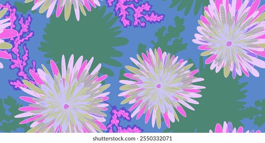 Chrysanthemums Asters Abstract fantasy flowers variegated ornament Asian motifs vector seamless overlapping pattern rapport