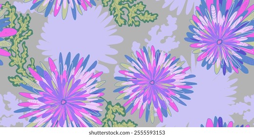 Chrysanthemums Asters Abstract fantasy flowers variegated ornament Asian motifs vector seamless overlapping pattern rapport