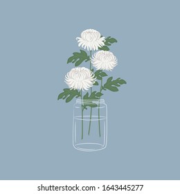 Chrysanthemums in a glass vase. White flowers with leaves. Autumn flowers. Floral composition. Vector illustration on a blue background