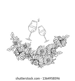 Chrysanthemums and glasses. Vector illustration.