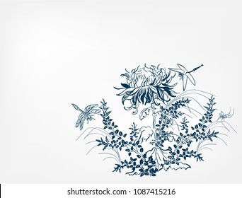 chrysanthemums japanese chinese design sketch ink paint style card background lespedeza 