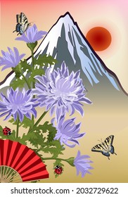 Chrysanthemums on the background of the mountain.Blooming chrysanthemums and a fan on the background of the mountains and the sun in vector illustration.
