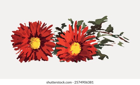 Chrysanthemums red flower illustration by Louise Blogett Field. Red flower vector element. Vintage red botanical plant art drawing illustration, old floral flower plant painting art print.