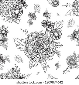 Chrysanthemums seamless pattern, floral background in black and white