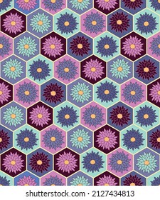 Chrysanthemums seamless pattern on honeycomb background. Vector repeat design perfect for textile, wallpaper, clothes, nursery and backgrounds.