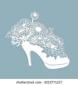 Chrysanthemums in a shoe. Decor. Template for laser cutting and Plotter. Flowers, leaves for decoration. Vector illustration. Sticker flowers. plotter and screen printing.