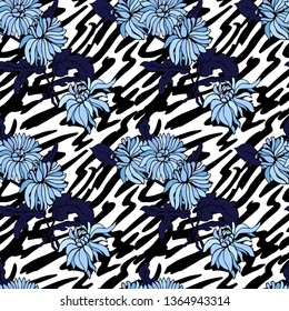 Chrysanthemums and Zebra skin. Seamless pattern. Vector illustration.