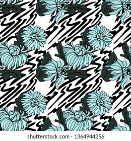 Chrysanthemums and Zebra skin. Seamless pattern. Vector illustration.
