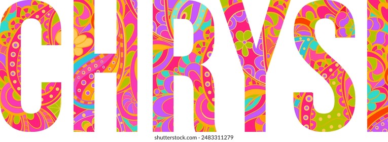 Chrysi island text title with floral doodle pattern. Unique place name vector design, use for article header, merch print, travel blog, postcard, wall art print  	