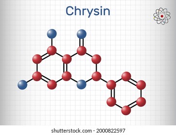Chrysin, Chrysine molecule. It is flavone, dihydroxyflavone, is found in honey, propolis, the passion flowers, Passiflora caerulea. Sheet of paper in a cage. Vector illustration