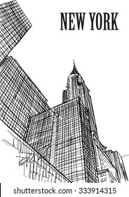 CHRYSLER BUILDING, NEW YORK, USA: Chrysler building and skyscrapers, hand drawn sketch, vector.