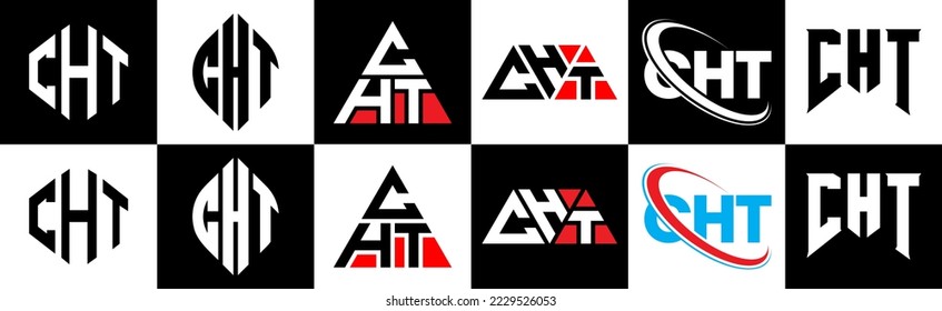 CHT letter logo design in six style. CHT polygon, circle, triangle, hexagon, flat and simple style with black and white color variation letter logo set in one artboard. CHT minimalist and classic logo