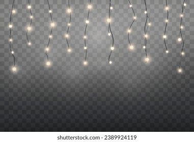 Chthristmas garland isolated on transparent background. Glowing colorful lig bulbs with sparkles.Xmas, New Year, wedding or Birthday decor. Party event decoration. Winter holiday season element.