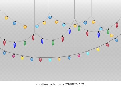 Chthristmas garland isolated on transparent background. Glowing colorful lig bulbs with sparkles.Xmas, New Year, wedding or Birthday decor. Party event decoration. Winter holiday season element.