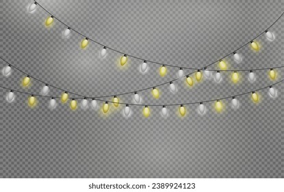 Chthristmas garland isolated on transparent background. Glowing colorful lig bulbs with sparkles.Xmas, New Year, wedding or Birthday decor. Party event decoration. Winter holiday season element.