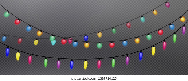 Chthristmas garland isolated on transparent background. Glowing colorful lig bulbs with sparkles.Xmas, New Year, wedding or Birthday decor. Party event decoration. Winter holiday season element.