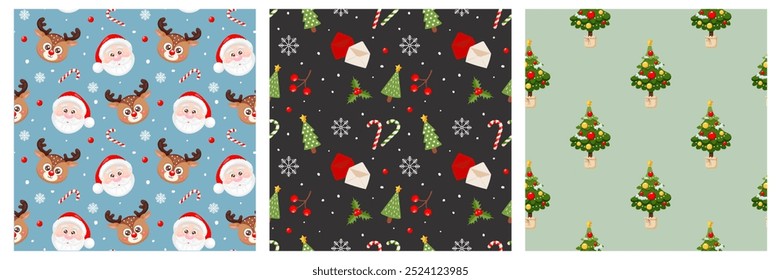 Chtistmas seamless pattern set with Santa Claus, 
reindeer, snowflakes, candy cane, red berries, Chtistmas holly. Design for print, wrapping paper, textile, fabric, wallpaper. Vector illustration