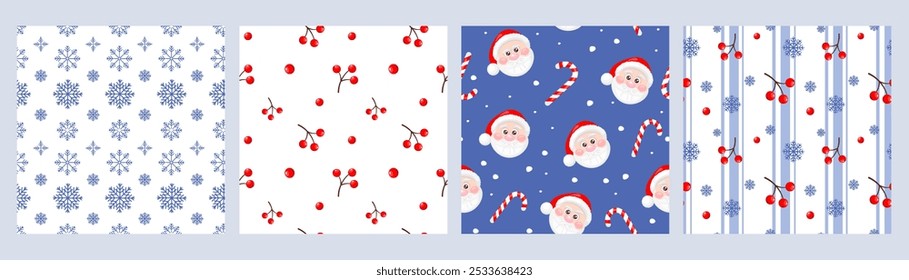 Chtistmas seamless pattern set with Santa Claus, snowflakes, candy cane, red berries, Chtistmas holly. Design for print, wrapping paper, textile, fabric, wallpaper. Vector illustration