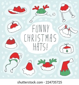 Chtristmas funny hats set. Vector illustration, EPS 10.